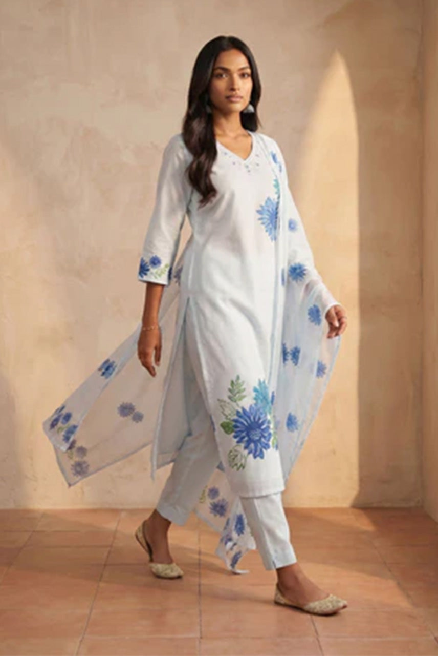 Ivory Blue Floral Suit Set