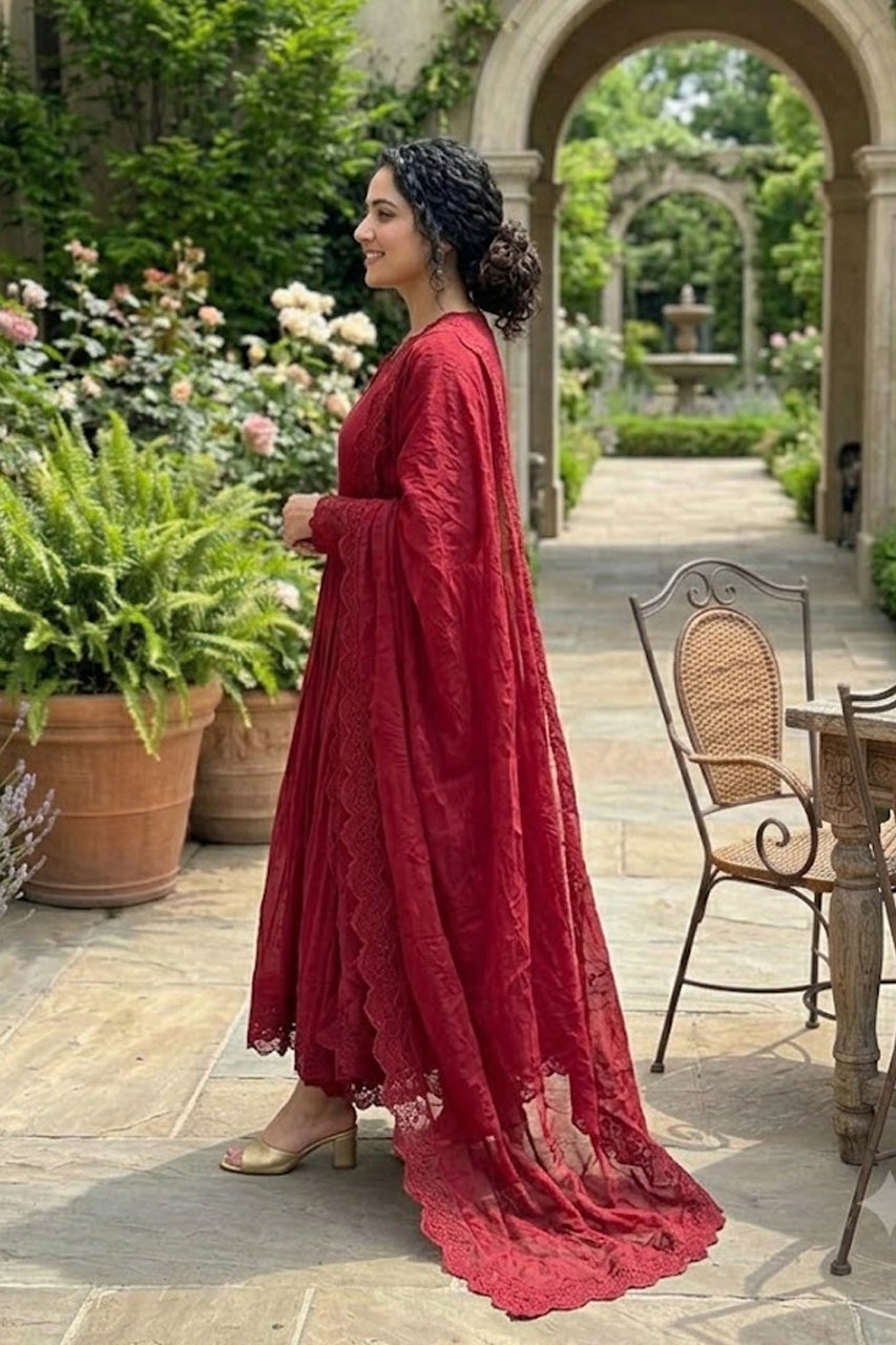 Ruhani Crimson Red Anarkali Kurta Set with Designer Dupatta