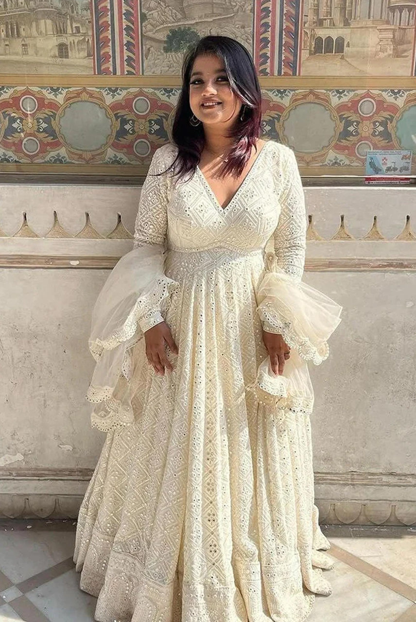 Ivory White Chikankari Anarkali Suit Set with Dupatta
