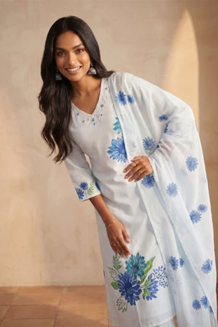 Ivory Blue Floral Suit Set