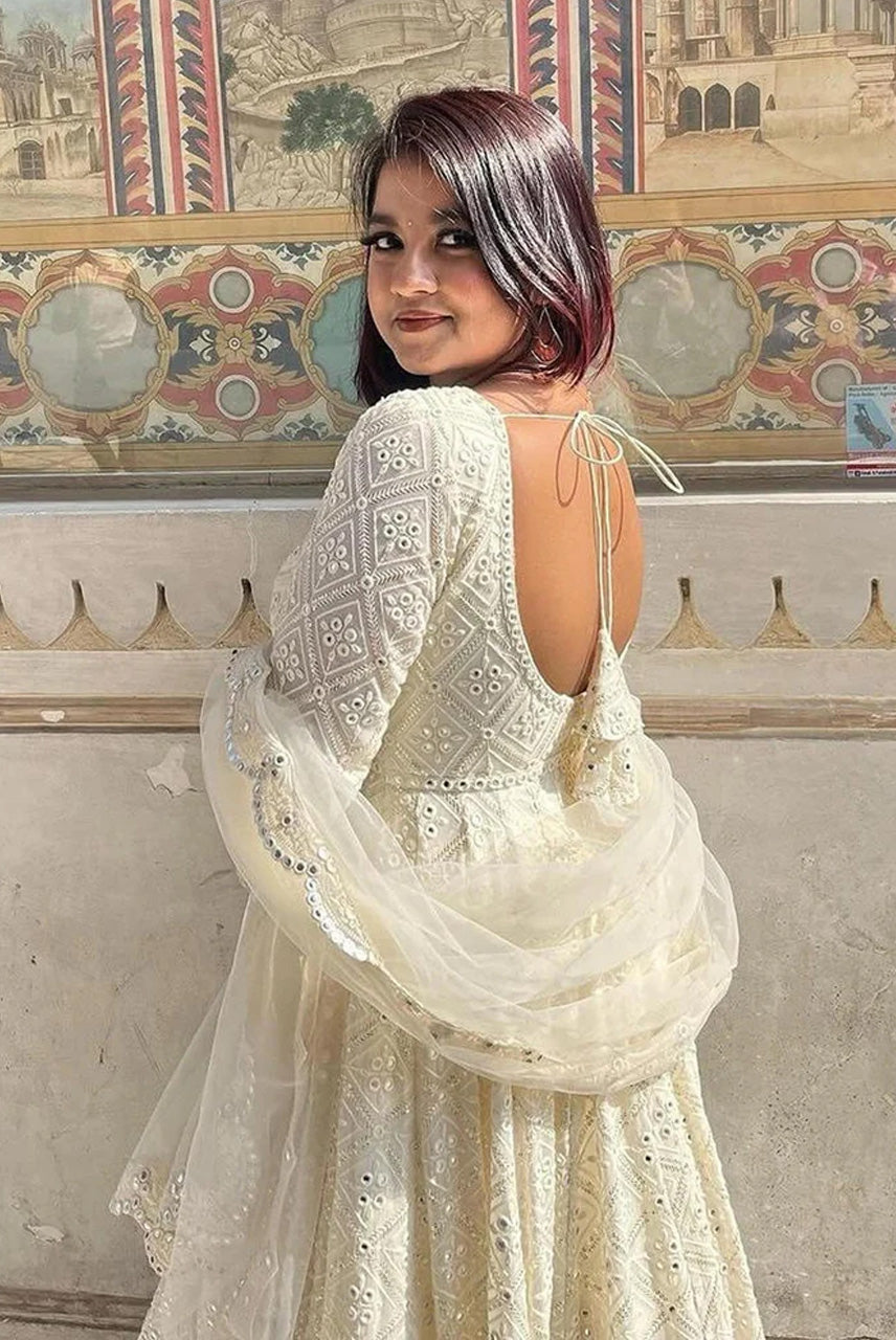 Ivory White Chikankari Anarkali Suit Set with Dupatta
