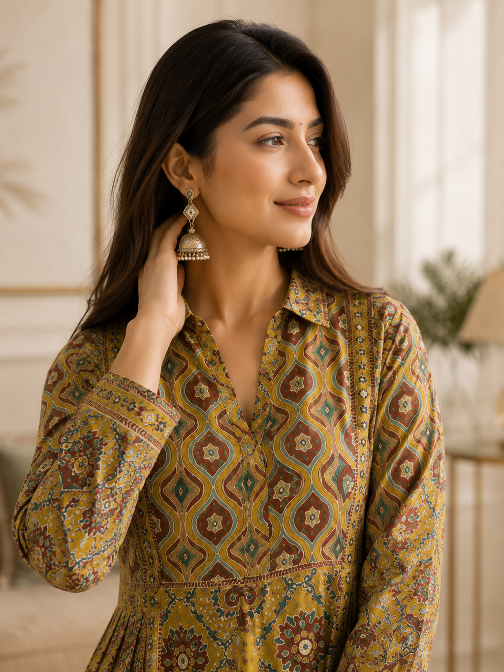 Olive Green Printed Anarkali Suit Set with Dupatta