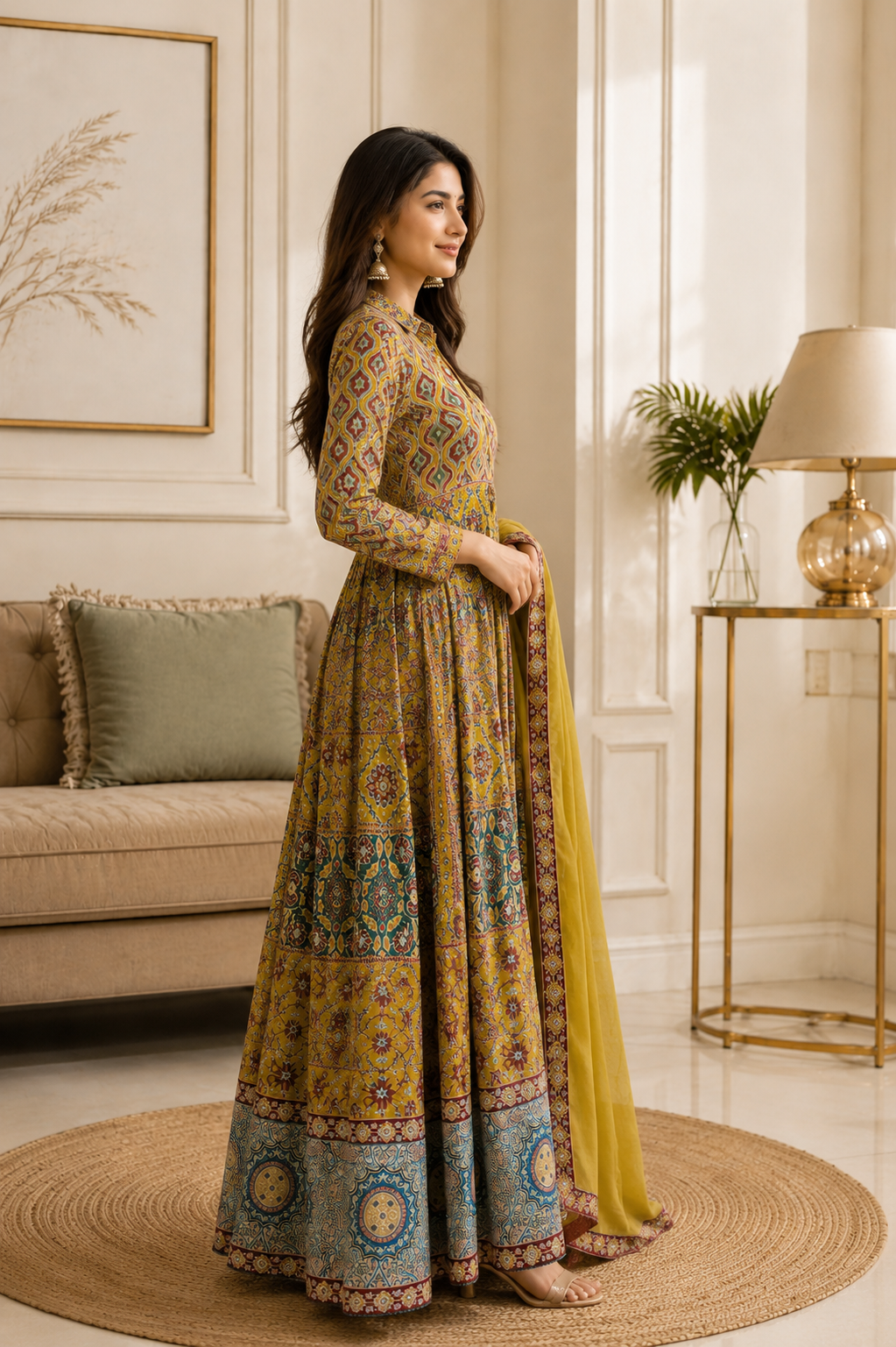 Olive Green Printed Anarkali Suit Set with Dupatta