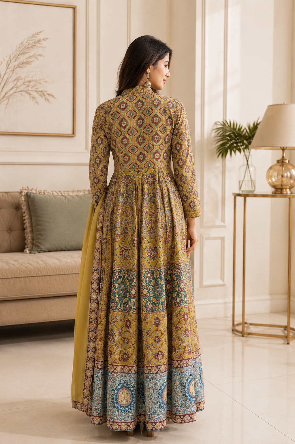 Olive Green Printed Anarkali Suit Set with Dupatta