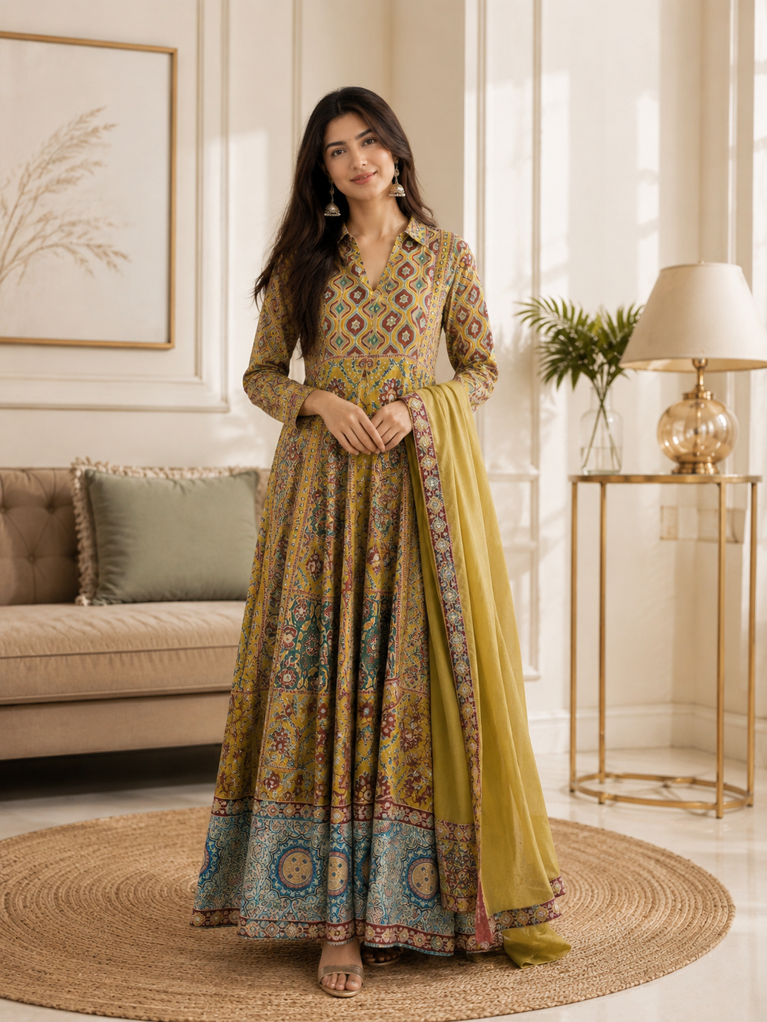 Olive Green Printed Anarkali Suit Set with Dupatta