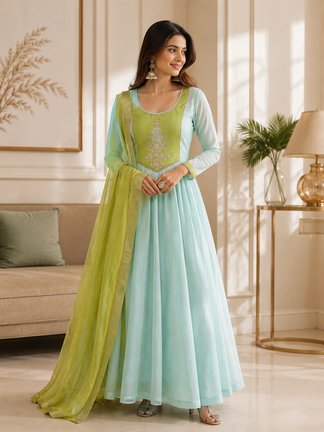 Mint Blue & Lime Green Anarkali Suit Set with Embroidered Yoke and Dupatta