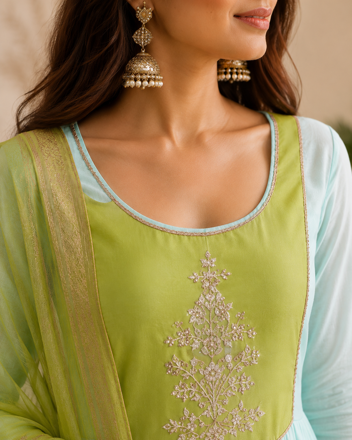 Mint Blue & Lime Green Anarkali Suit Set with Embroidered Yoke and Dupatta