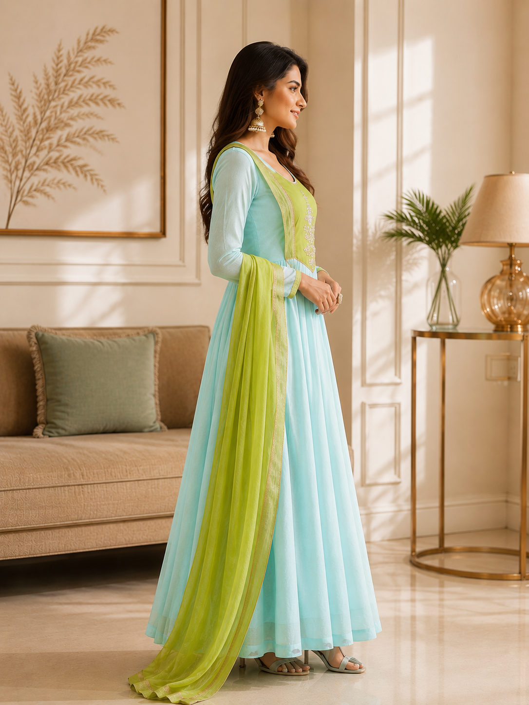 Mint Blue & Lime Green Anarkali Suit Set with Embroidered Yoke and Dupatta