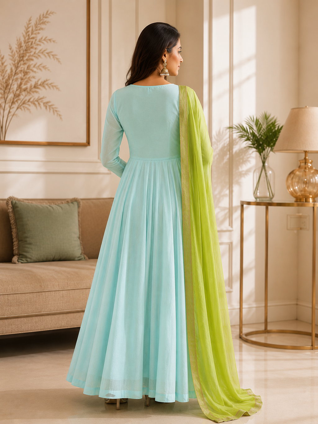 Mint Blue & Lime Green Anarkali Suit Set with Embroidered Yoke and Dupatta