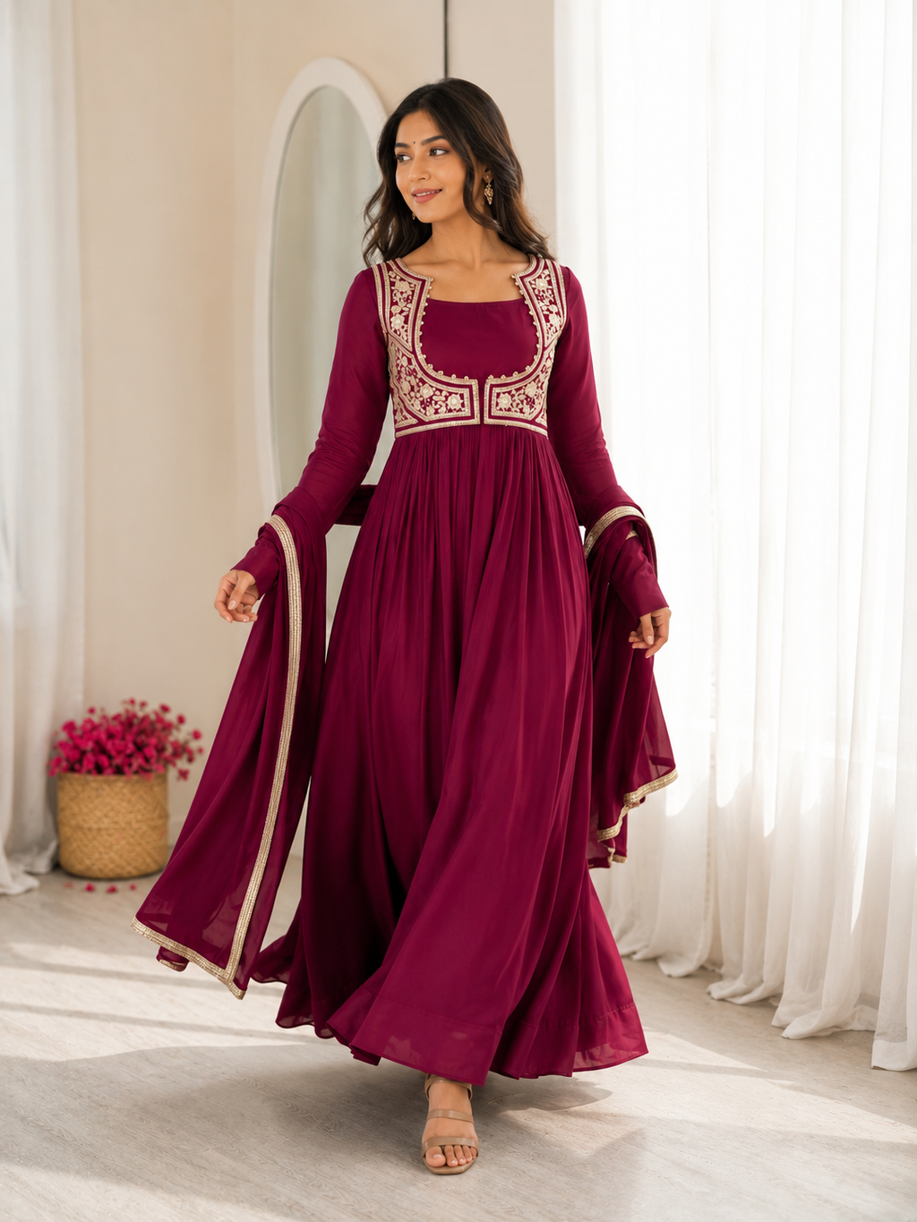 Wine Embroidered Anarkali Suit Set with Dupatta
