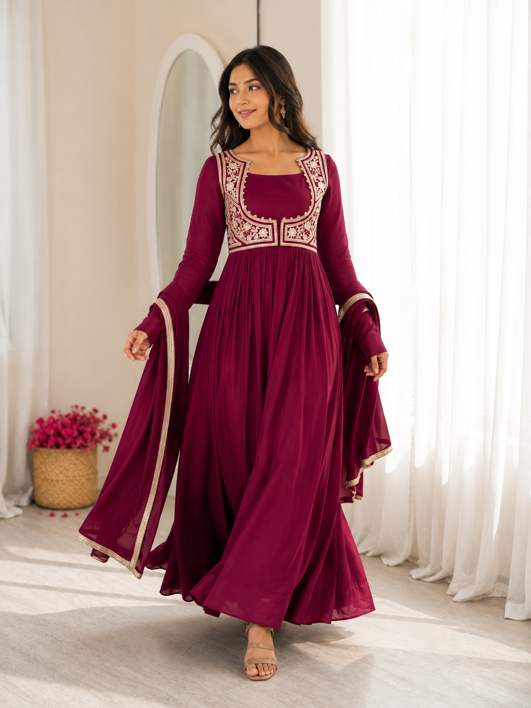 Wine Embroidered Anarkali Suit Set with Dupatta