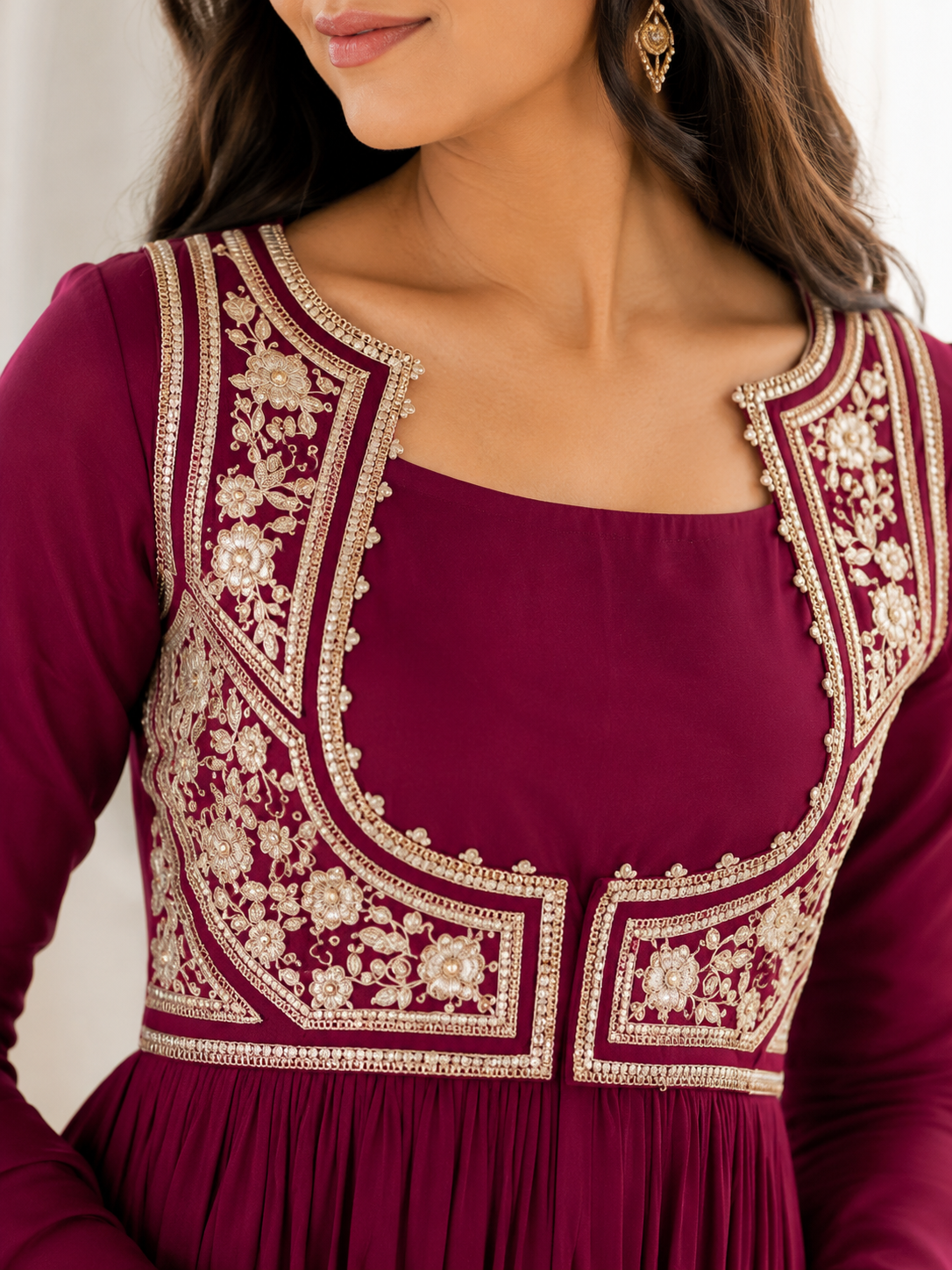 Wine Embroidered Anarkali Suit Set with Dupatta