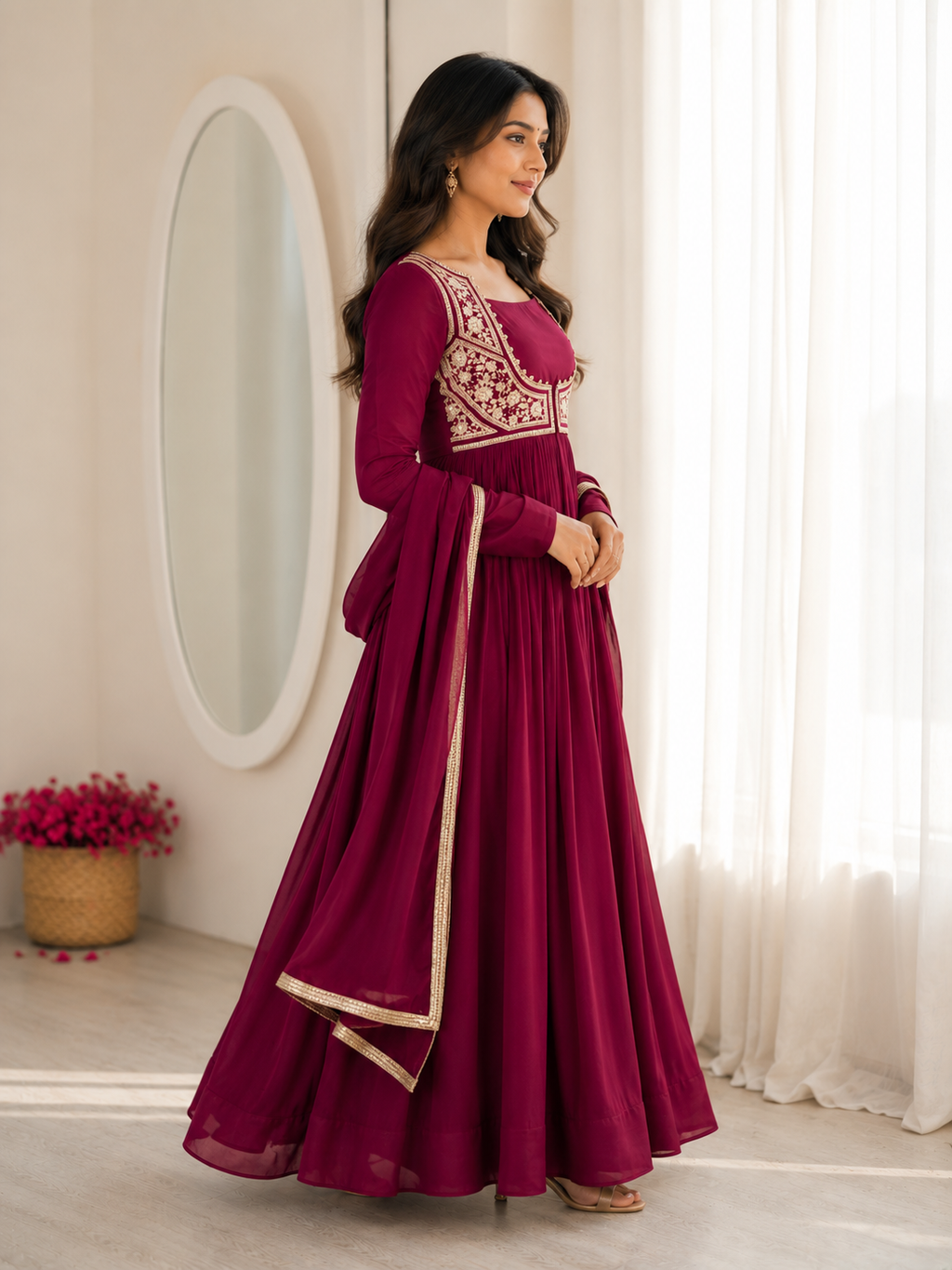 Wine Embroidered Anarkali Suit Set with Dupatta