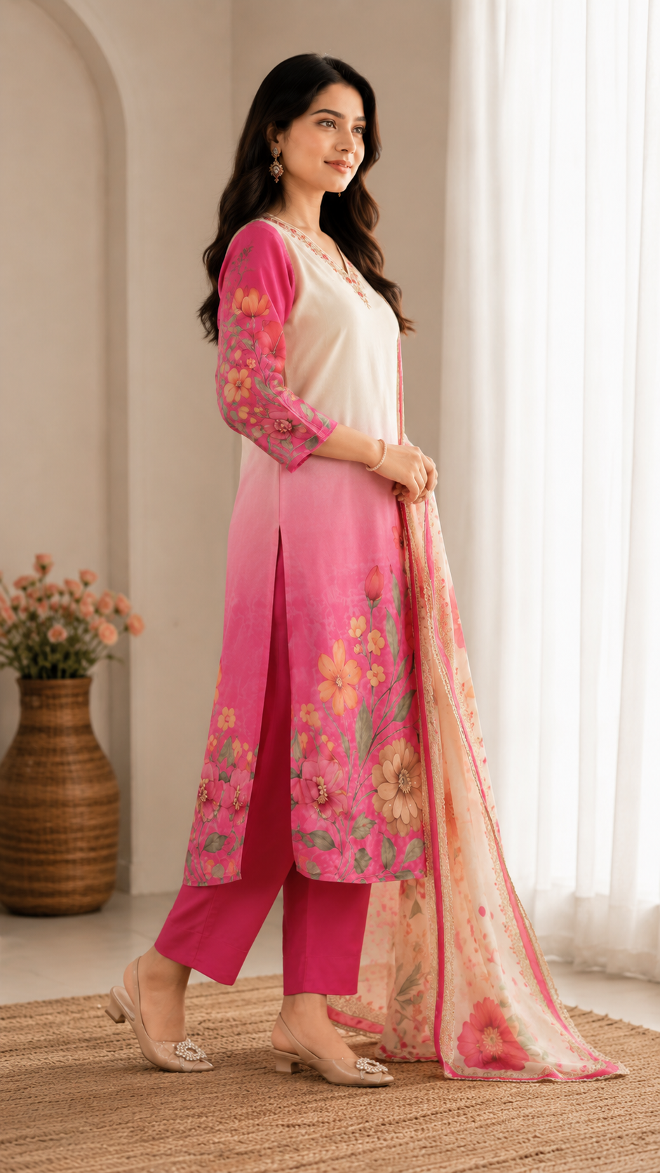 Ivory & Pink Floral Printed Kurta Set with Printed Dupatta