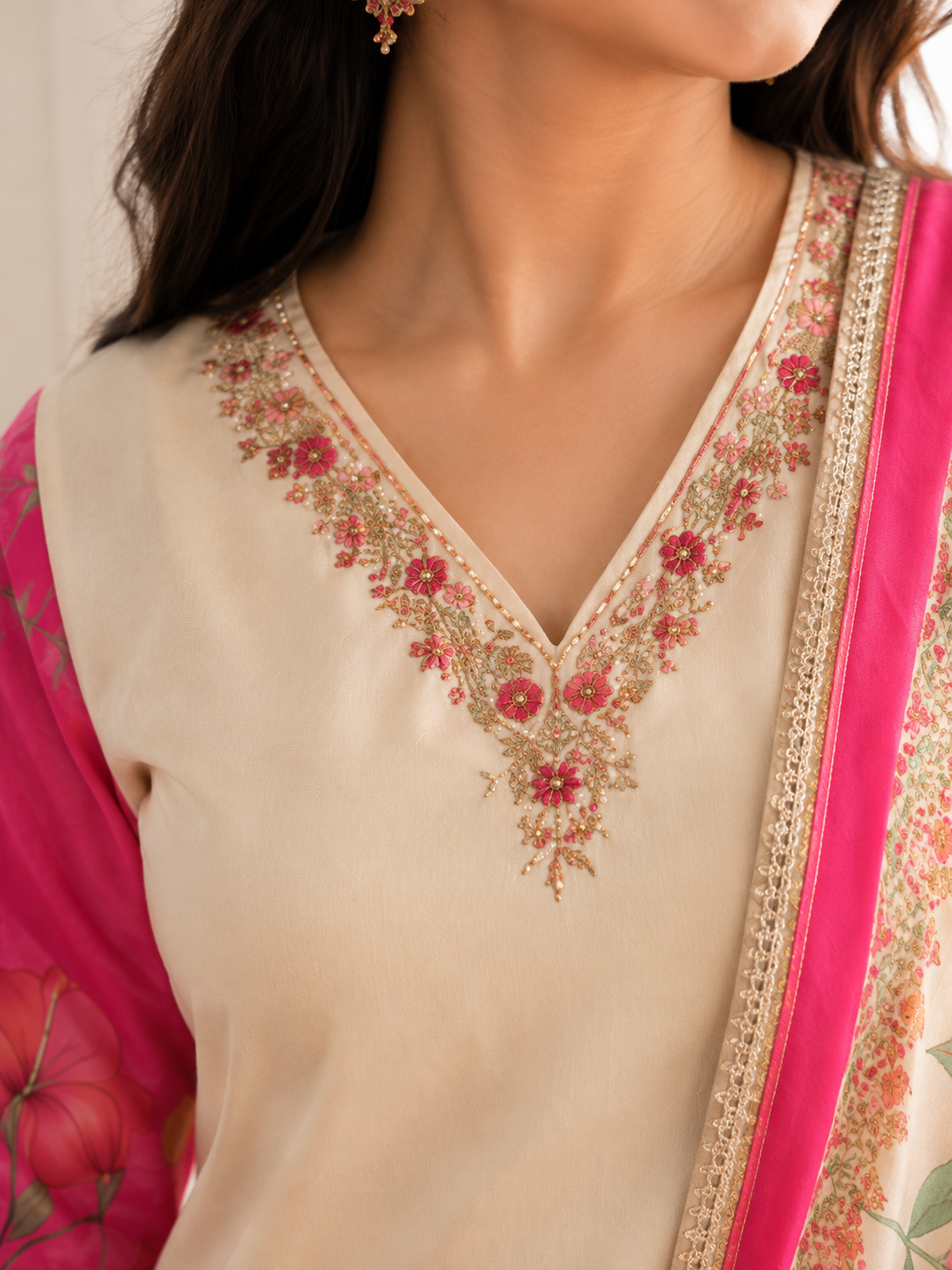 Ivory & Pink Floral Printed Kurta Set with Printed Dupatta