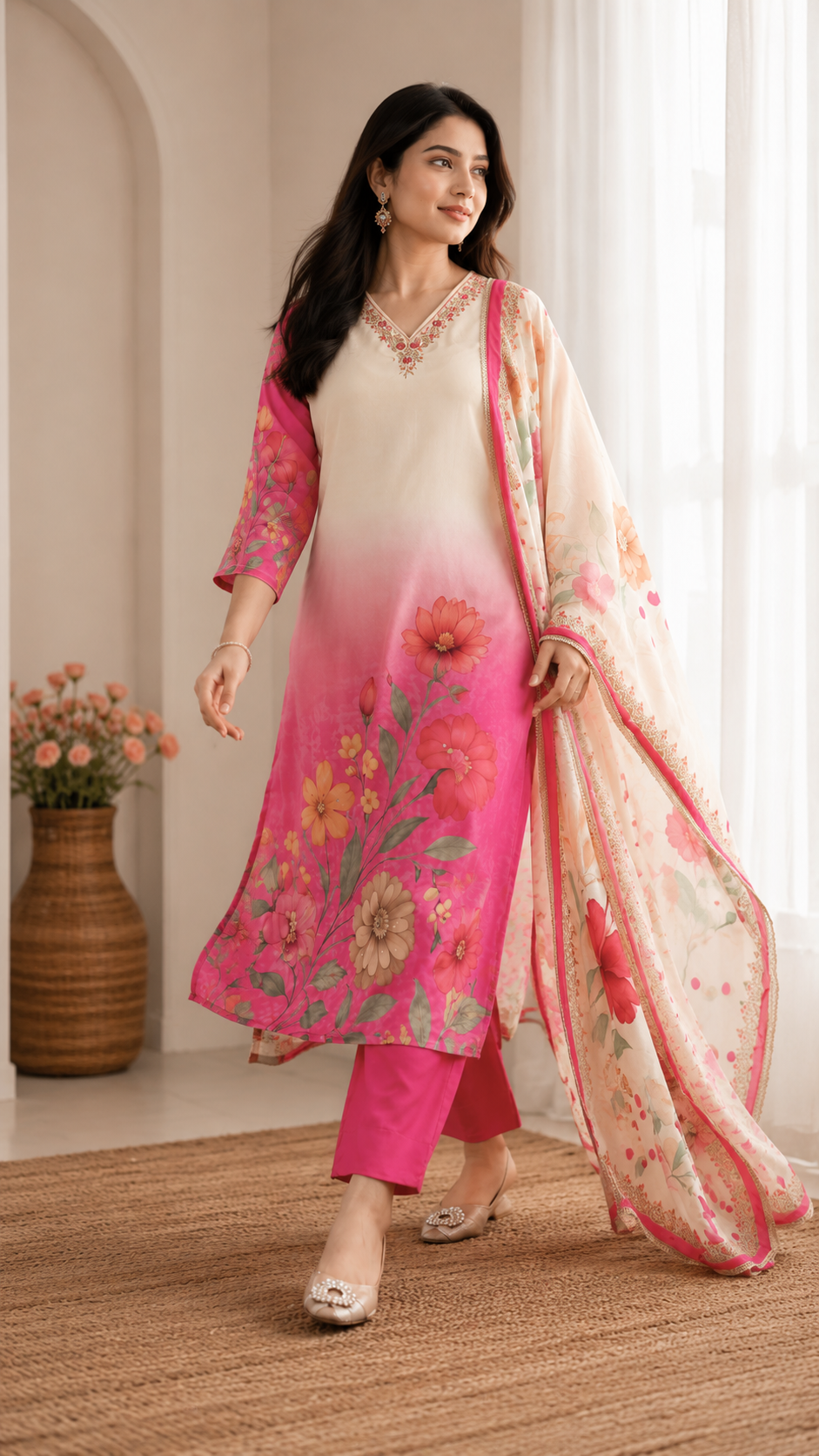 Ivory & Pink Floral Printed Kurta Set with Printed Dupatta