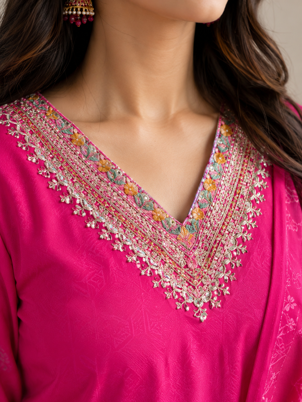 Rani Pink Floral Printed Kurta Set with Printed Dupatta