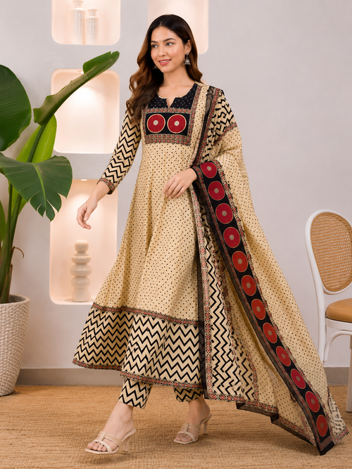 Cream & Black Printed Anarkali Suit Set with Dupatta