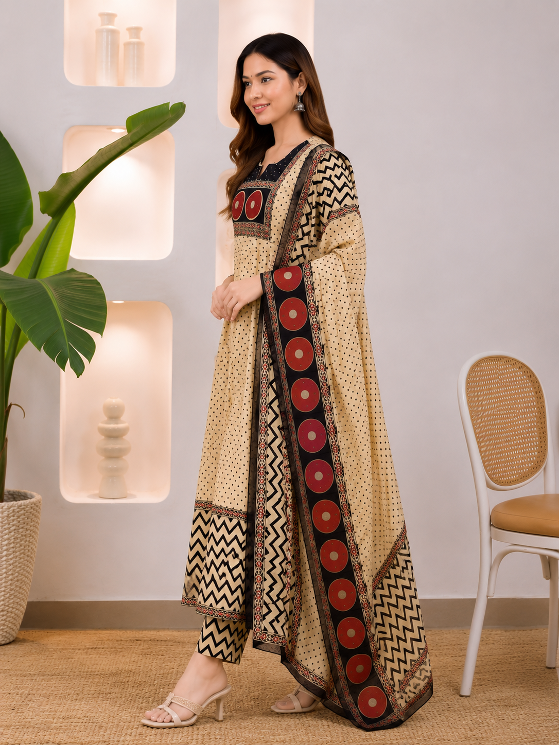 Cream & Black Printed Anarkali Suit Set with Dupatta