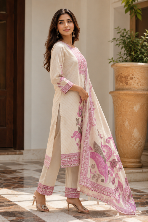 Cream & Pink Floral Printed Kurta Set with Dupatta