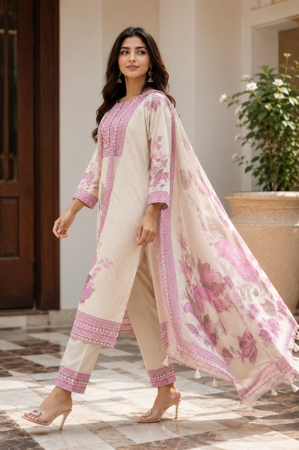 Cream & Pink Floral Printed Kurta Set with Dupatta