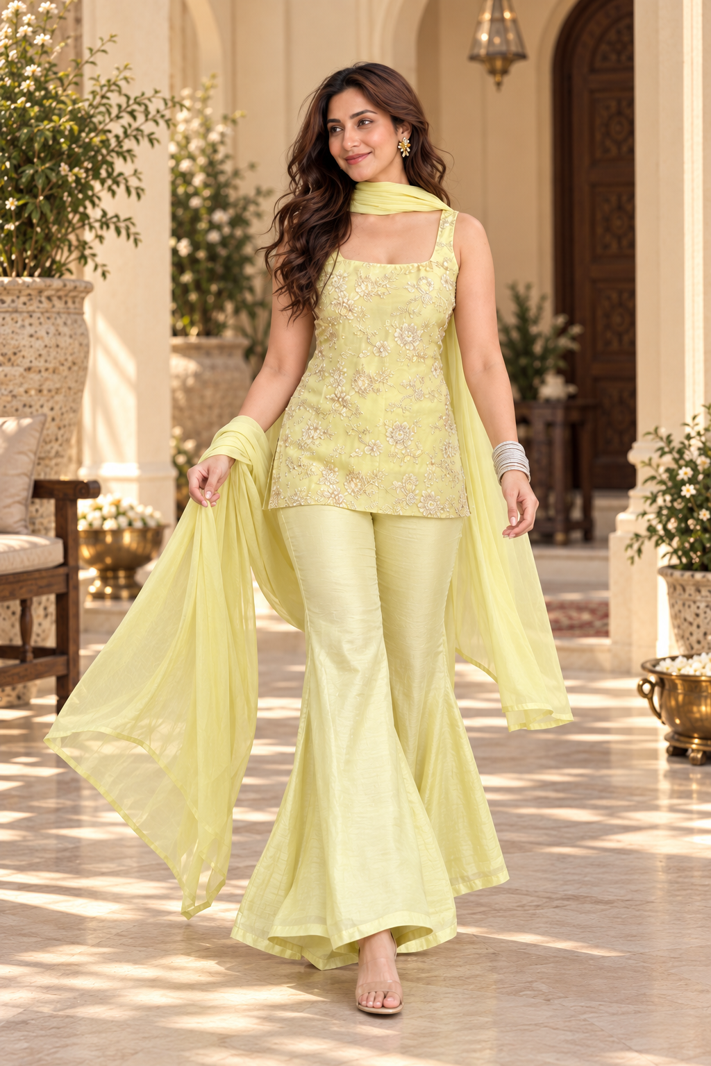 Pastel Yellow Floral Embroidered Faux Georgette Sharara Set