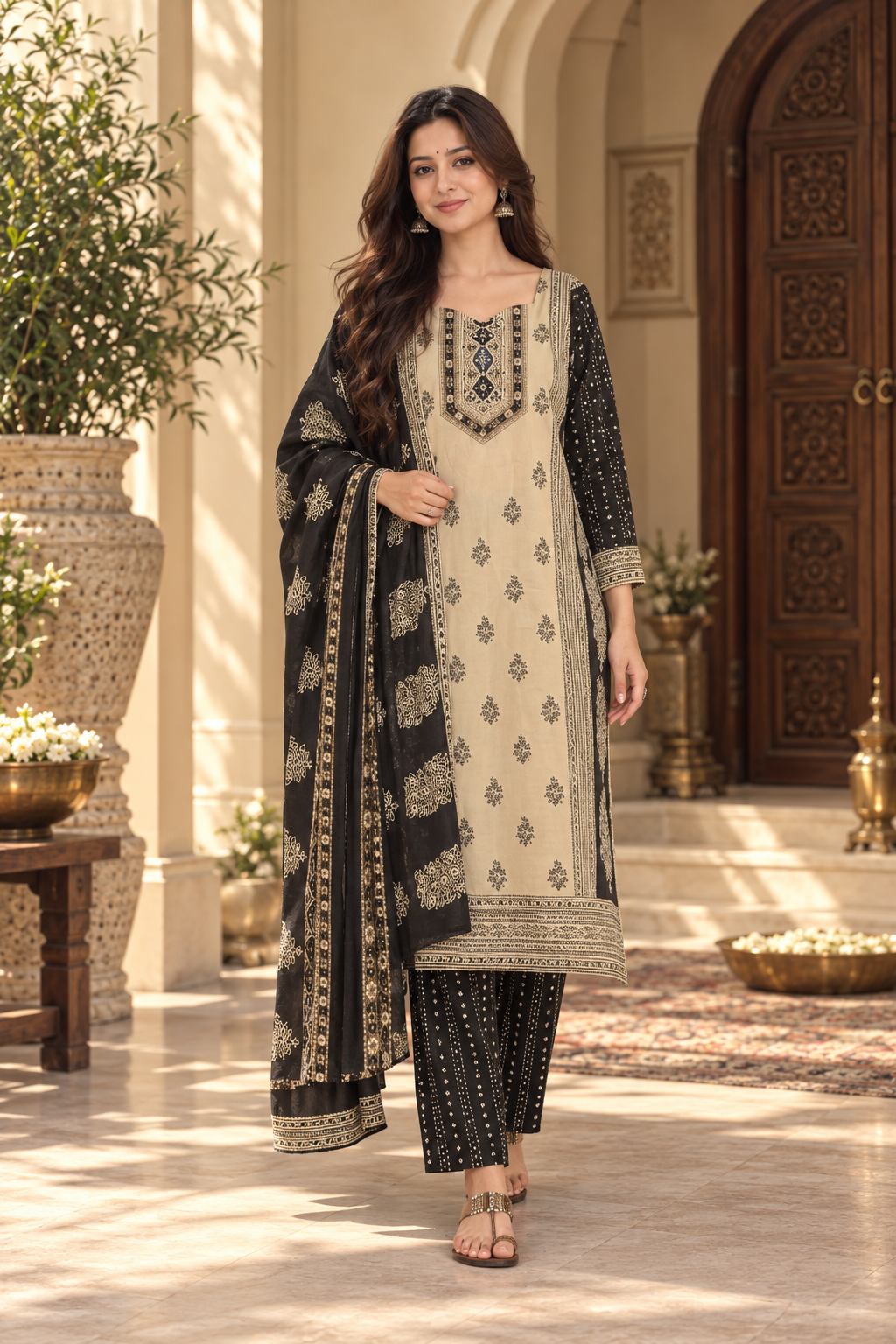 Black & Beige Printed Rayon Slub Kurta Pant Dupatta Set