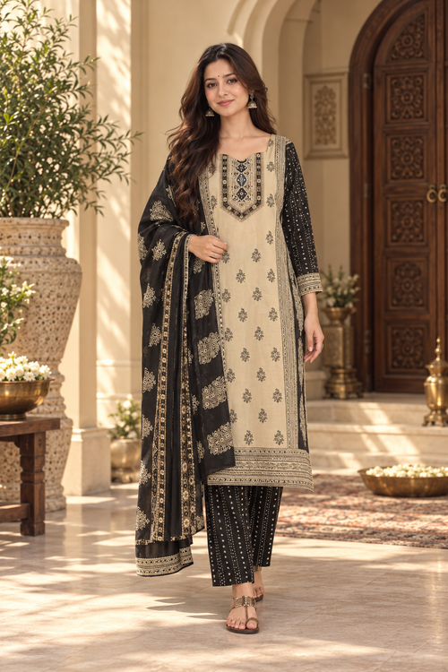 Black & Beige Printed Rayon Slub Kurta Pant Dupatta Set
