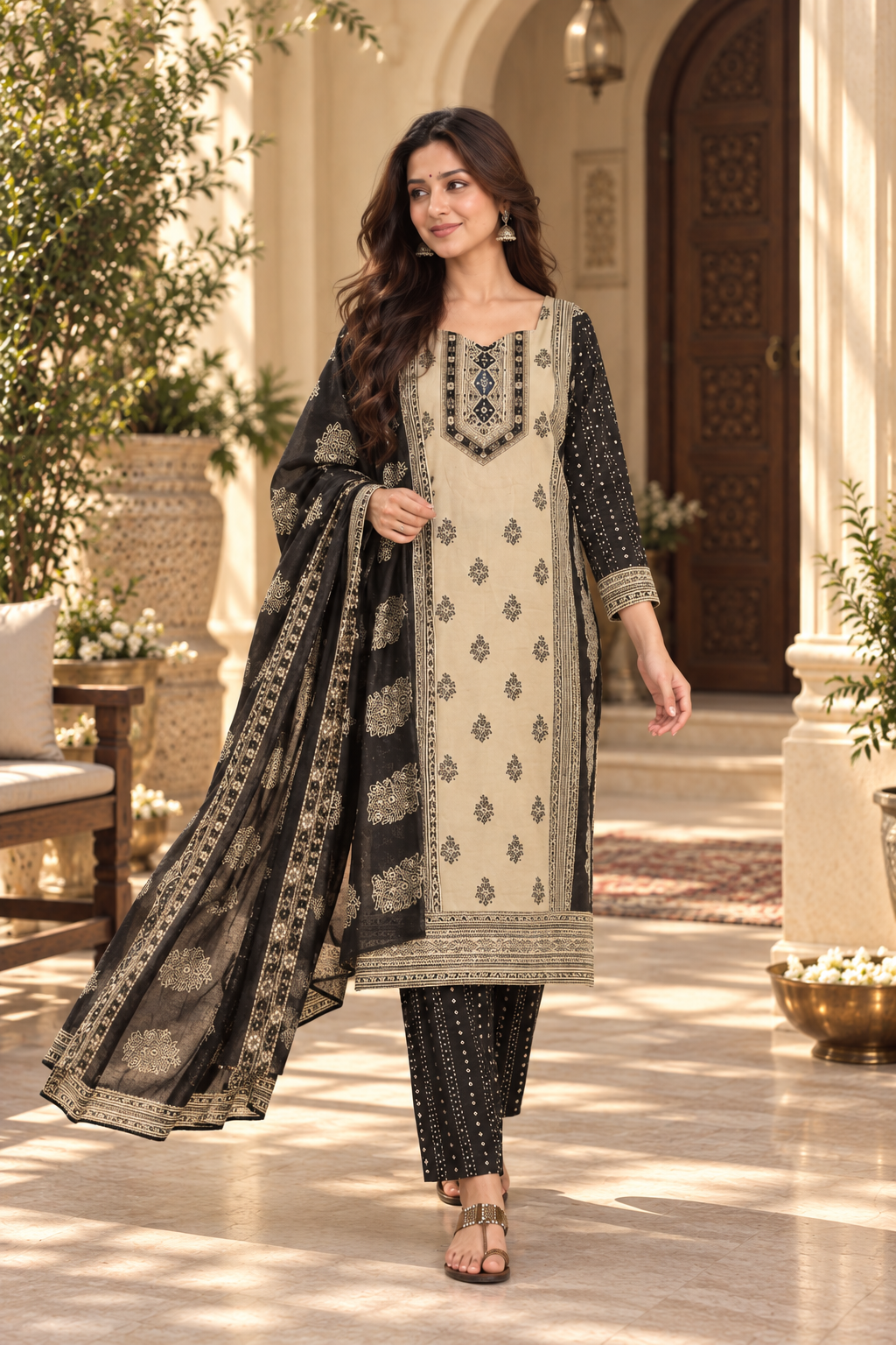 Black & Beige Printed Rayon Slub Kurta Pant Dupatta Set