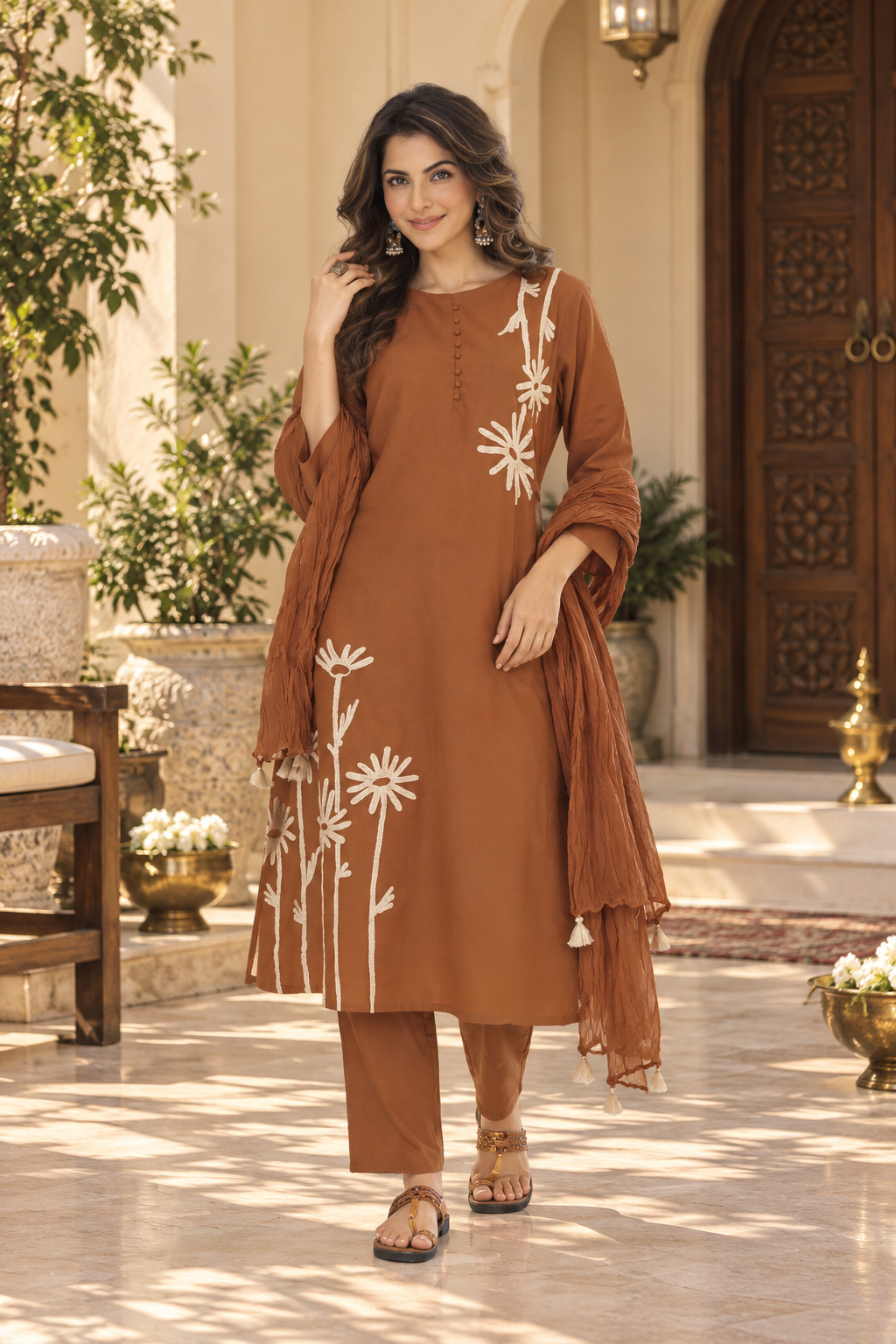 Rust Brown Floral Embroidered Rayon Slub Kurta Pant Dupatta Set