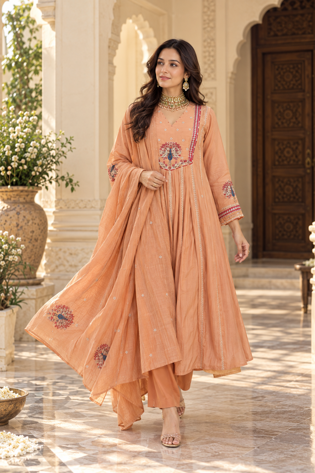 Peach Embroidered Chanderi Silk Anarkali Pant Dupatta Set