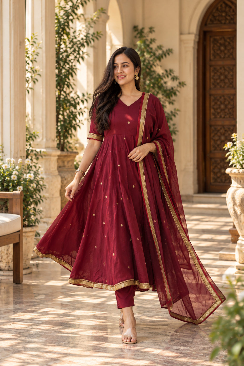 Maroon Embroidered Banarasi Silk Anarkali Pant Dupatta Set