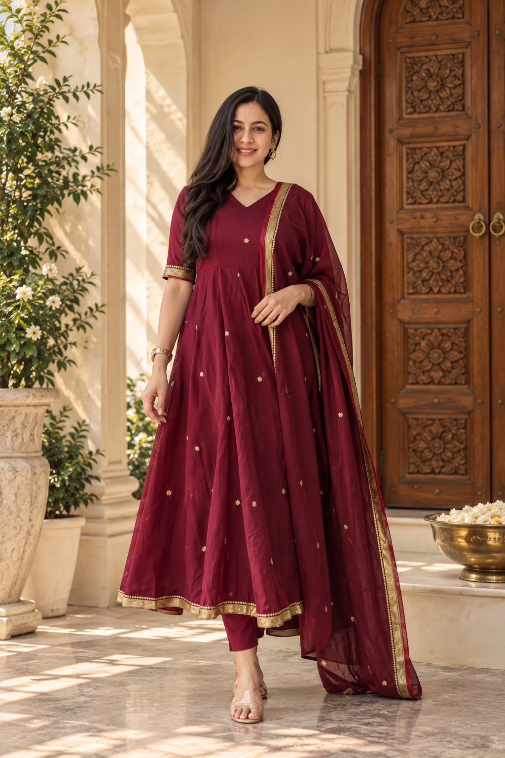 Maroon Embroidered Banarasi Silk Anarkali Pant Dupatta Set