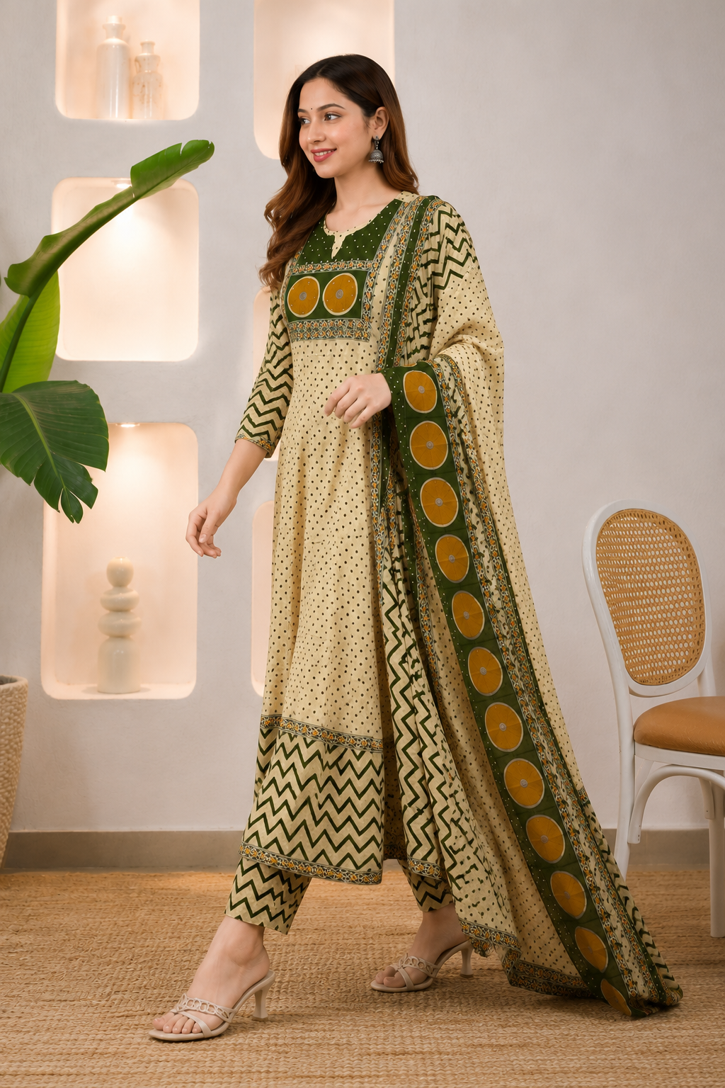 Cream & Olive Green Printed Anarkali Suit Set with Dupatta