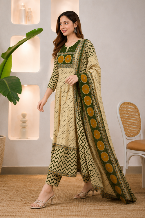 Cream & Olive Green Printed Anarkali Suit Set with Dupatta