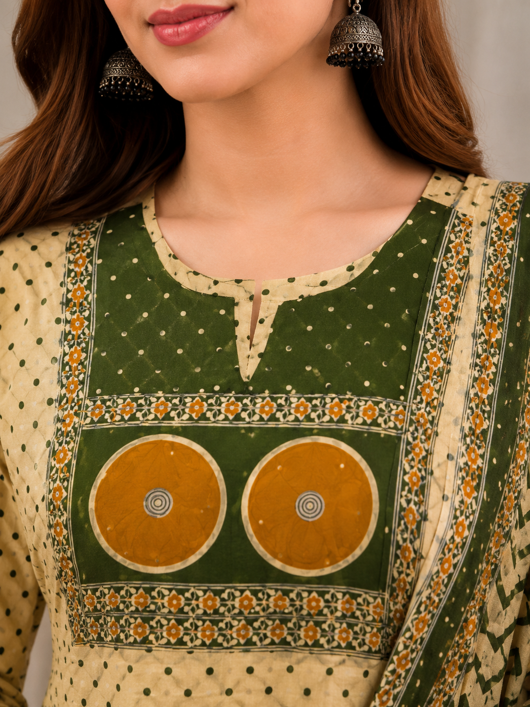Cream & Olive Green Printed Anarkali Suit Set with Dupatta
