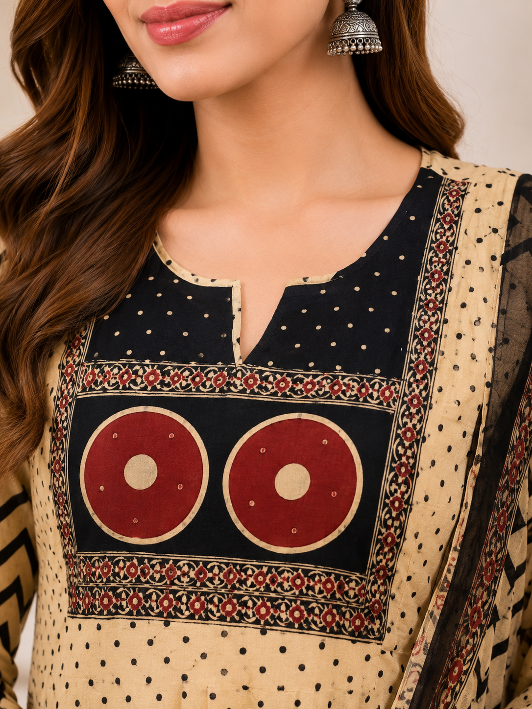 Cream & Black Printed Anarkali Suit Set with Dupatta