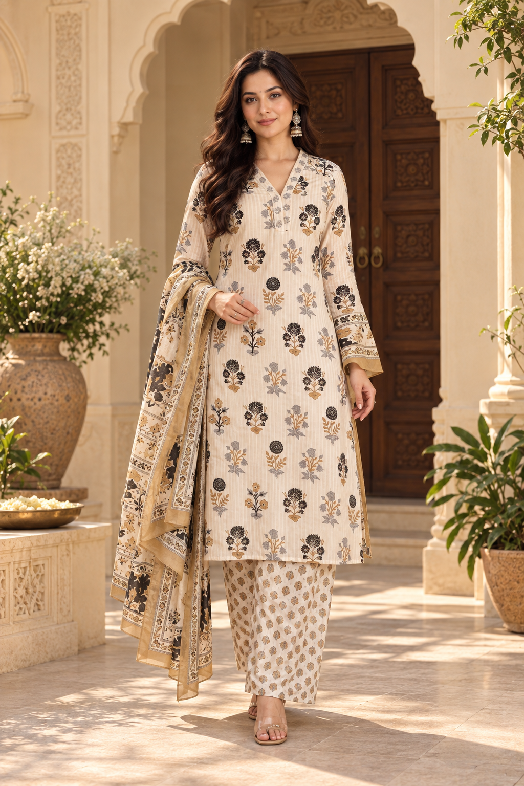 Ivory Floral Printed Rayon Slub Kurta Pant Dupatta Set