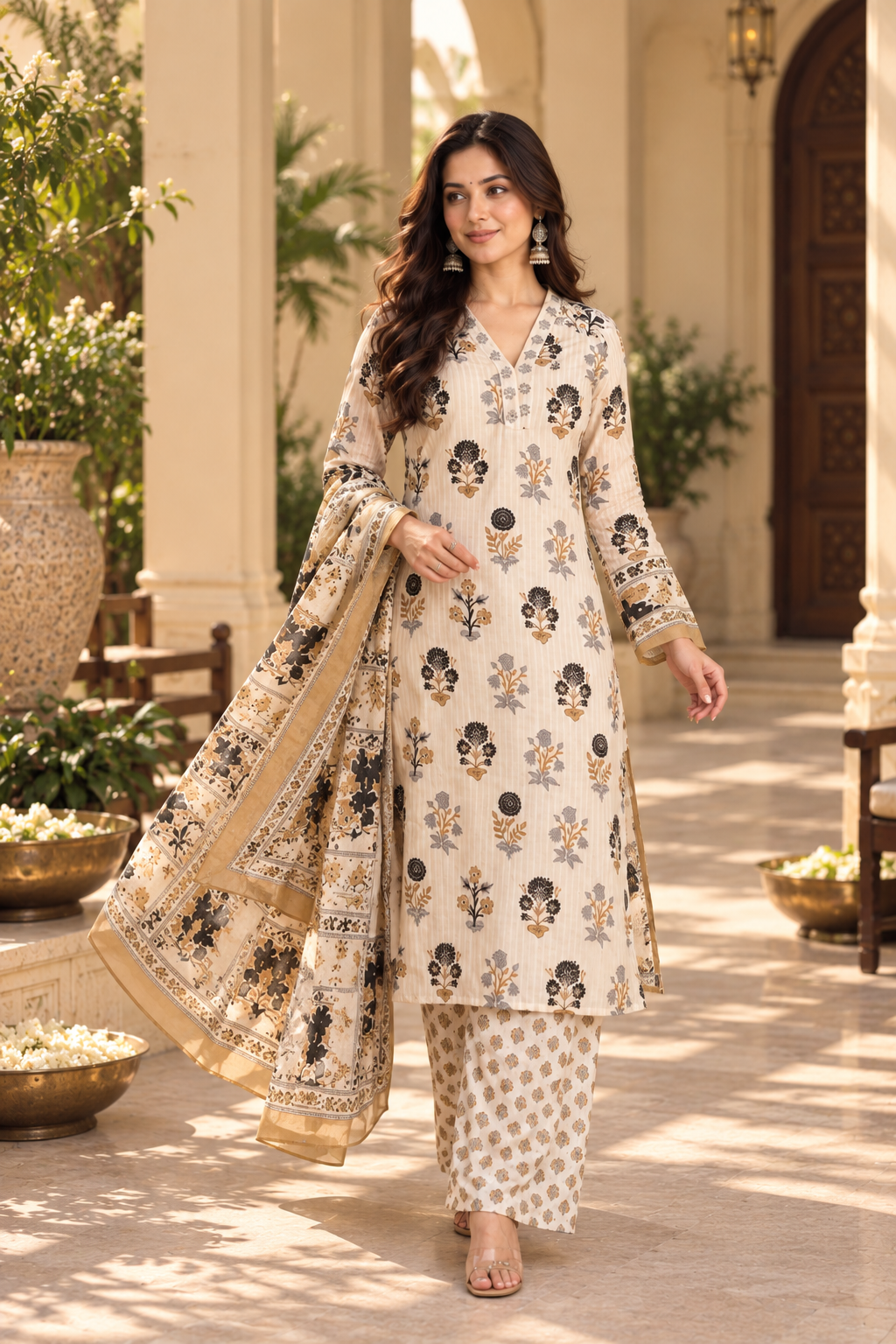 Ivory Floral Printed Rayon Slub Kurta Pant Dupatta Set