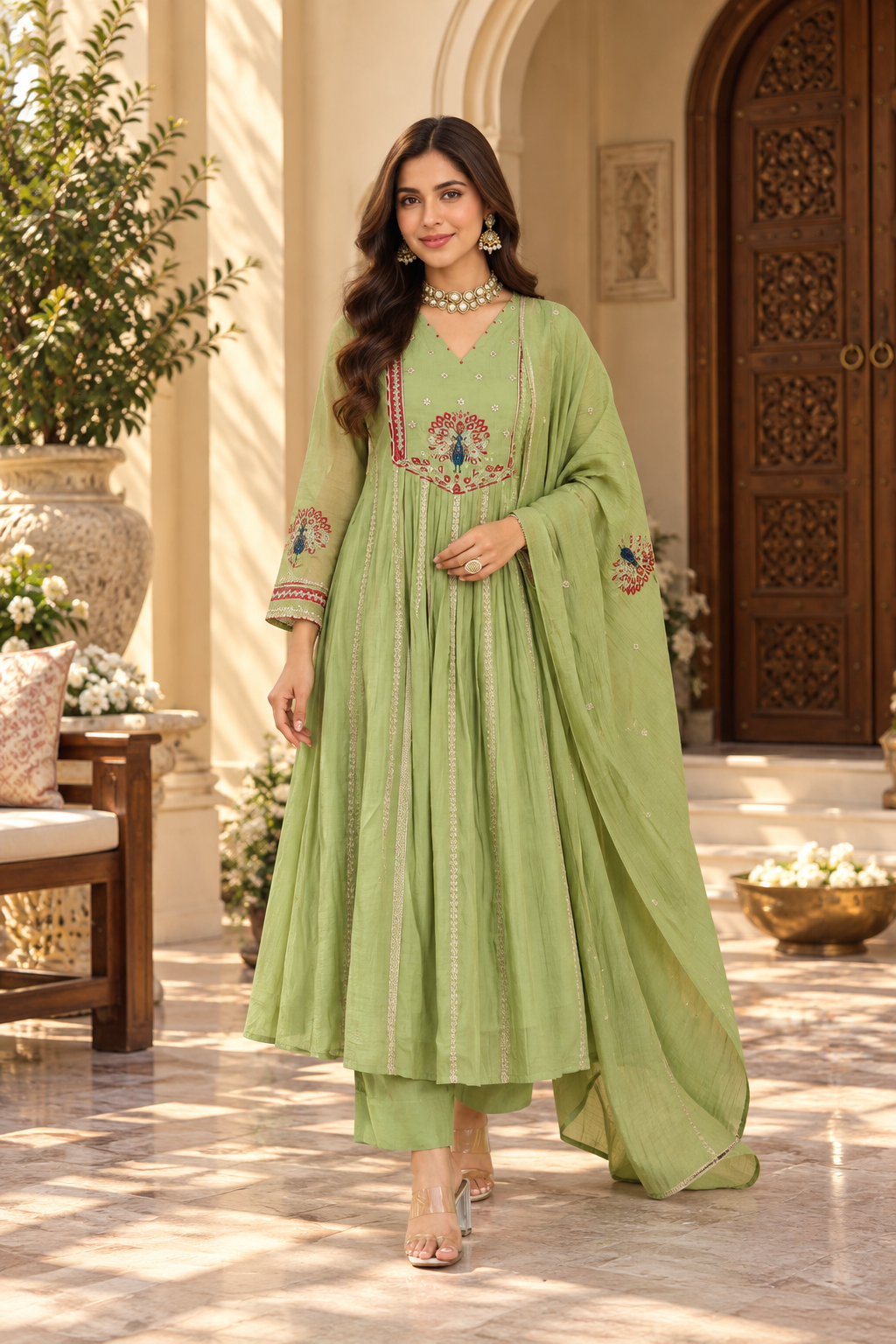 Pastel Green Embroidered Chanderi Silk Anarkali Pant Dupatta Set