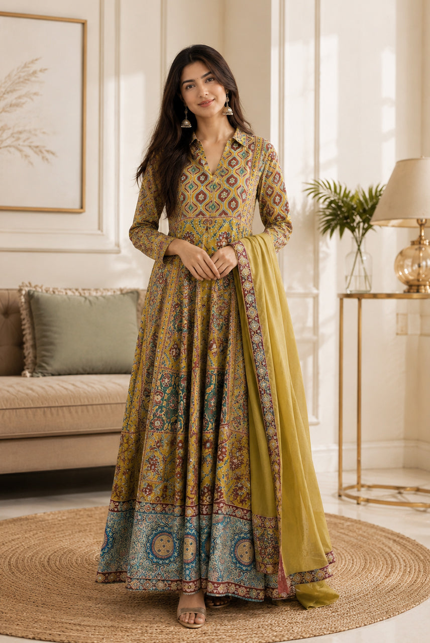 Olive Green Printed Anarkali Suit Set with Dupatta