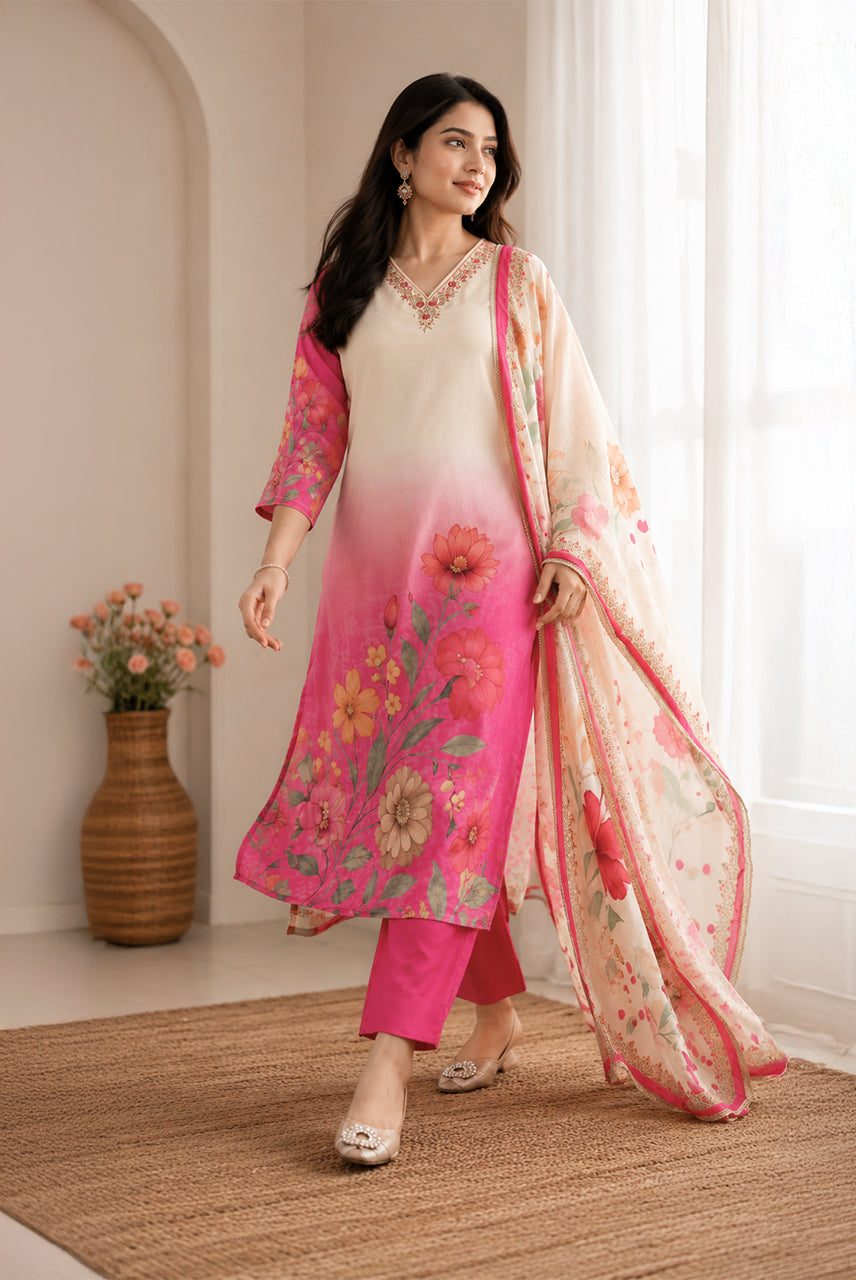 Ivory & Pink Floral Printed Kurta Set with Printed Dupatta