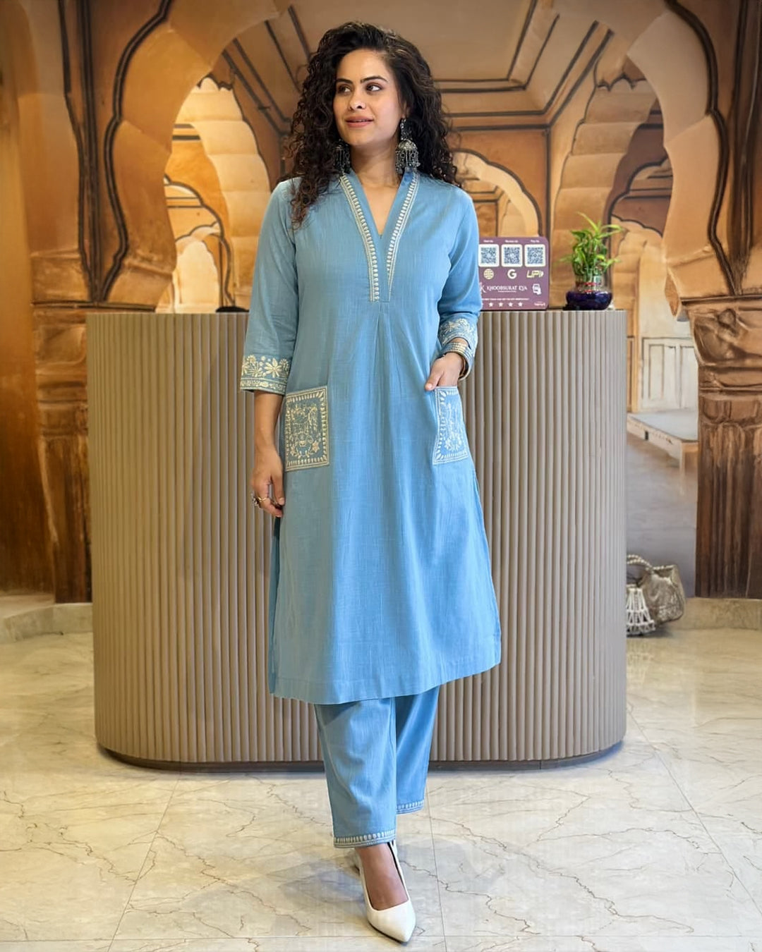 Sky Blue Charm Embroidered Cotton Kurta Set