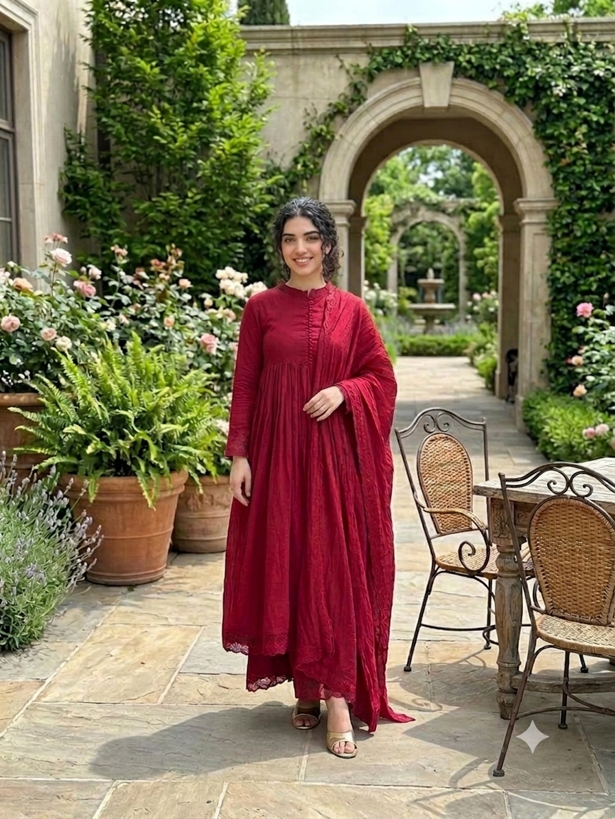 Ruhani Crimson Red Anarkali Kurta Set with Designer Dupatta
