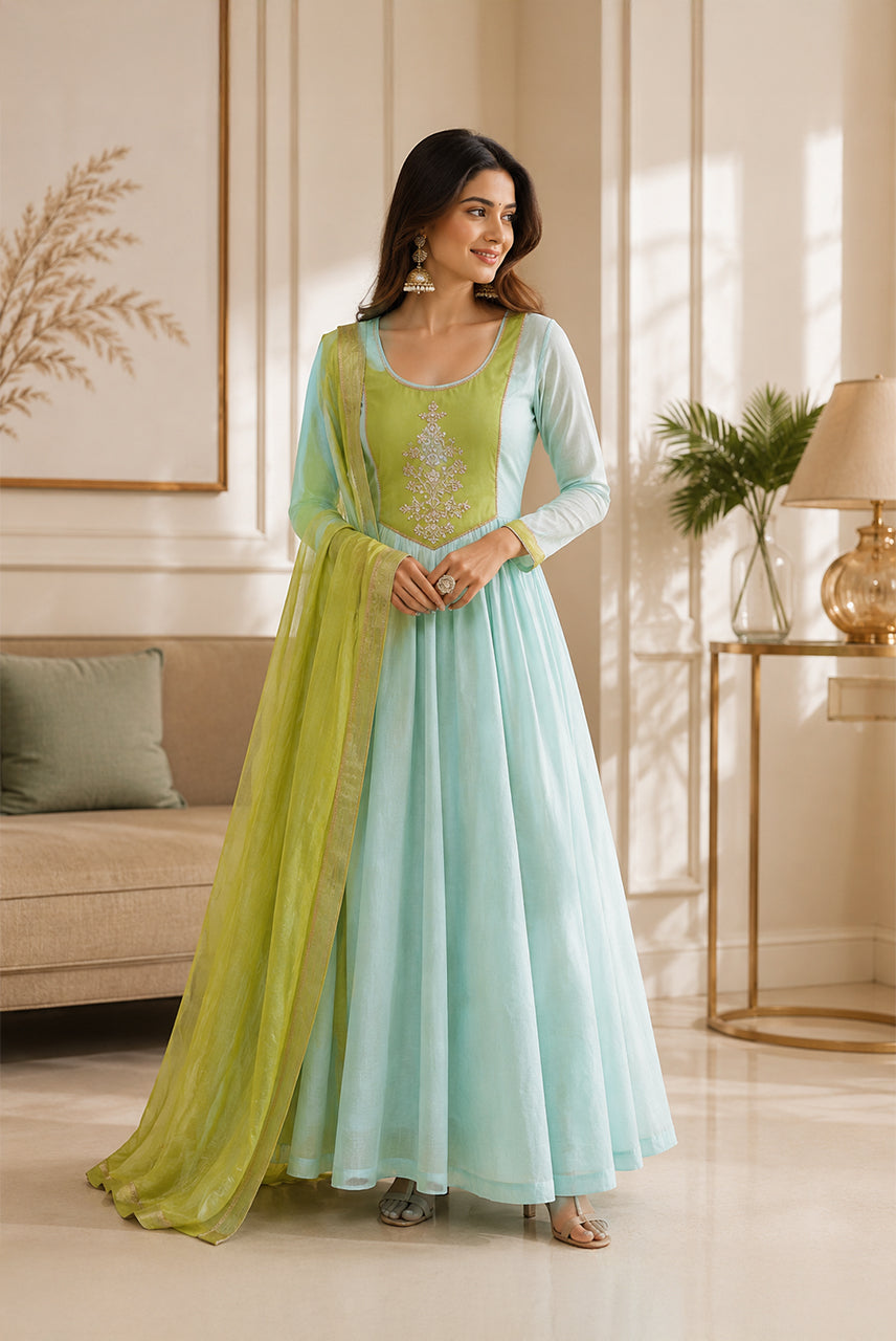 Mint Blue & Lime Green Anarkali Suit Set with Embroidered Yoke and Dupatta