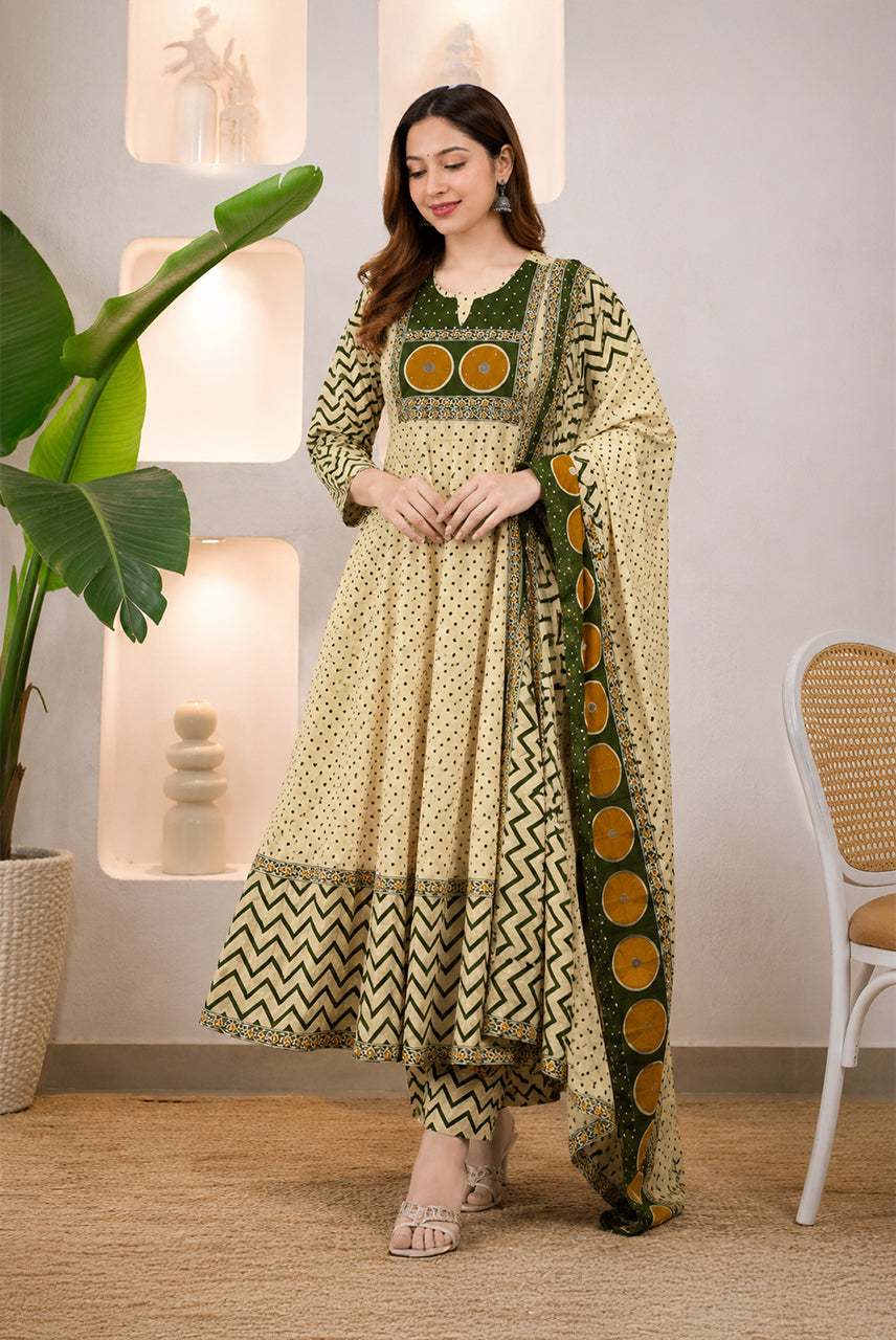 Cream & Olive Green Printed Anarkali Suit Set with Dupatta