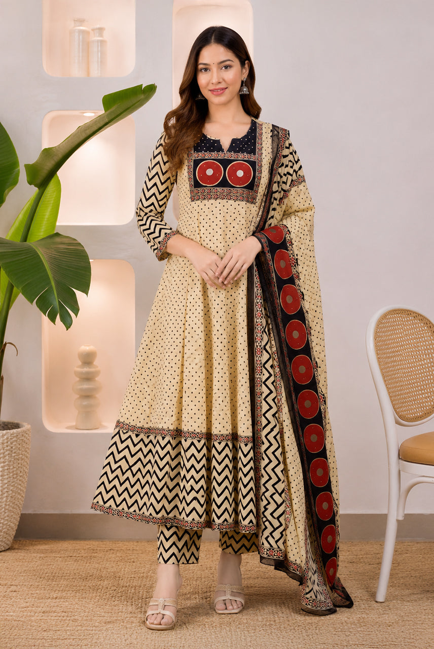Cream & Black Printed Anarkali Suit Set with Dupatta