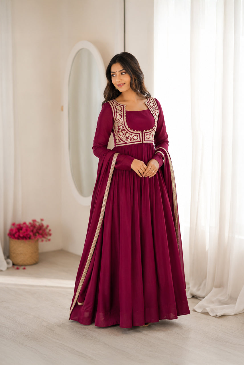 Wine Embroidered Anarkali Suit Set with Dupatta
