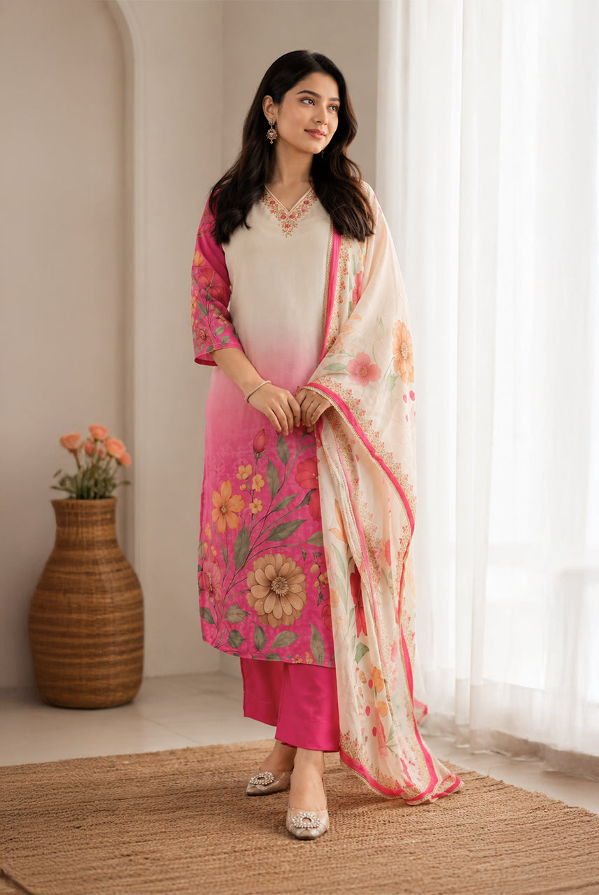 Ivory & Pink Floral Printed Kurta Set with Printed Dupatta