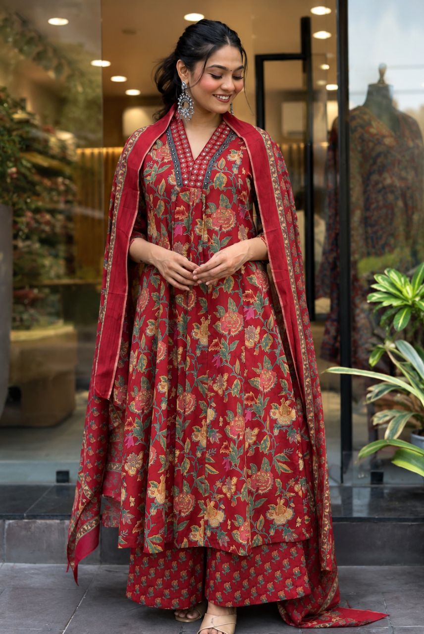 Maroon Floral Printed A-Line Kurta Set with Dupatta
